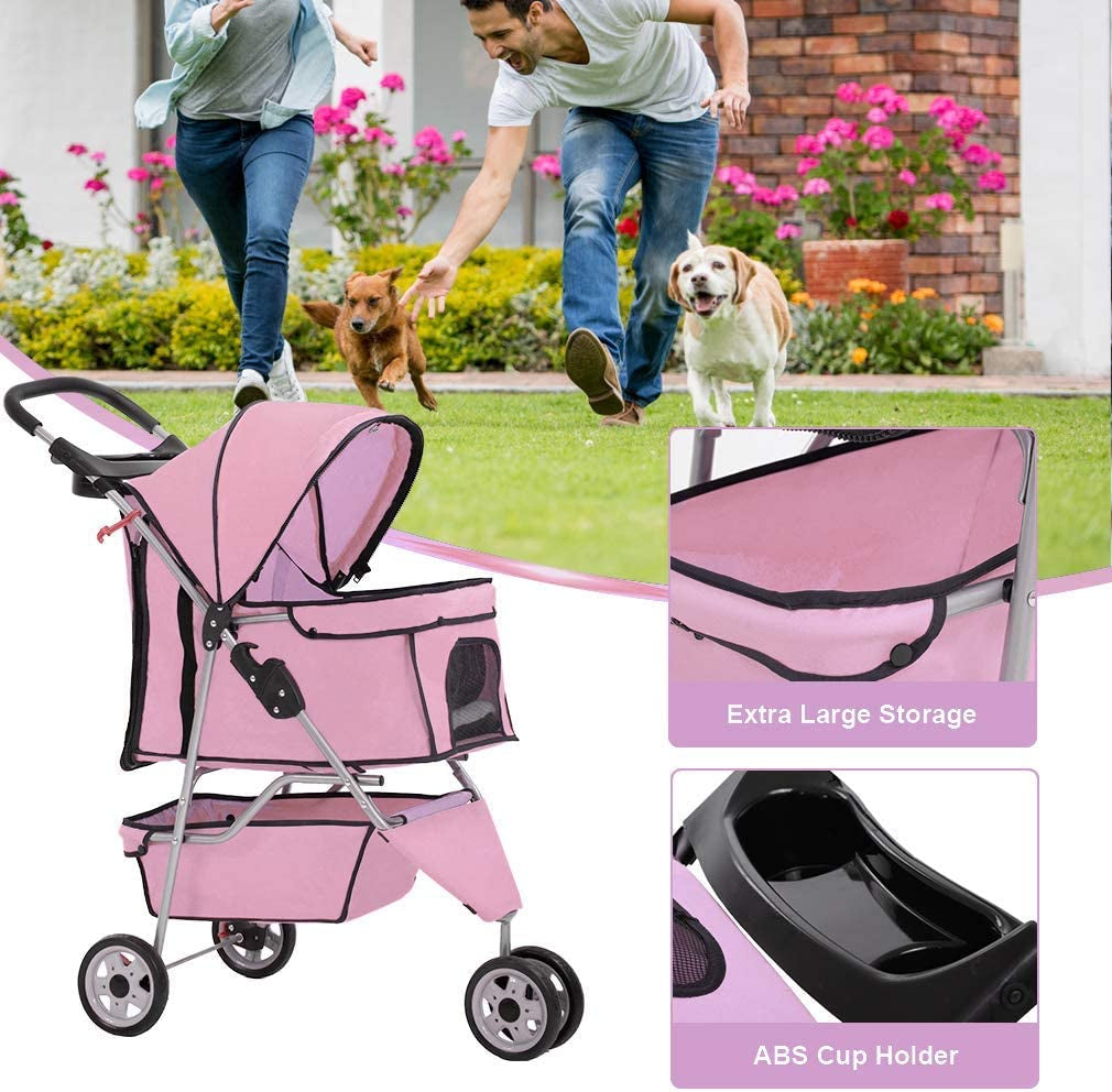 3 Wheels Pet Stroller Dog Stroller Cat Cage Jogger Stroller Cats Travel Folding Carrier Waterproof Puppy Stroller with Cup Holder & Removable Liner (Pink)